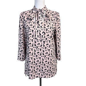 Worthington Blouse size Large Pink Black Cherries Stretch Bow Tie Career Church